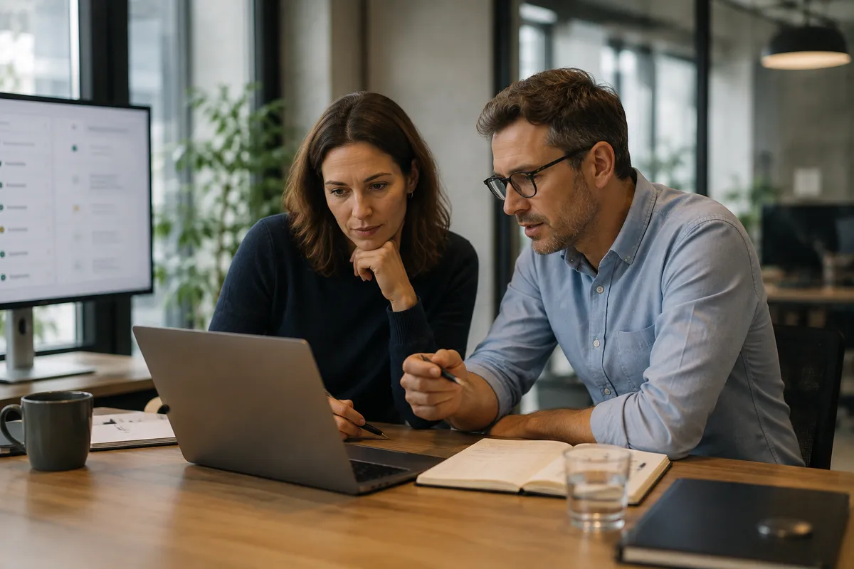 Two people review a digital colleague’s output together on a laptop