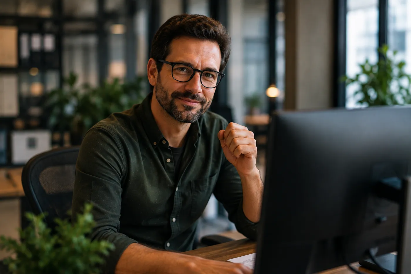 An employee at his desk is pleased with the work of his digital colleague