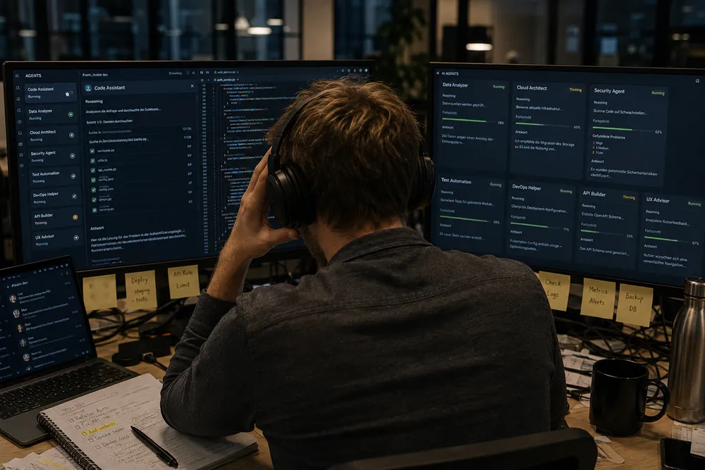 An overloaded developer in front of several monitors on which many AI agents run in parallel